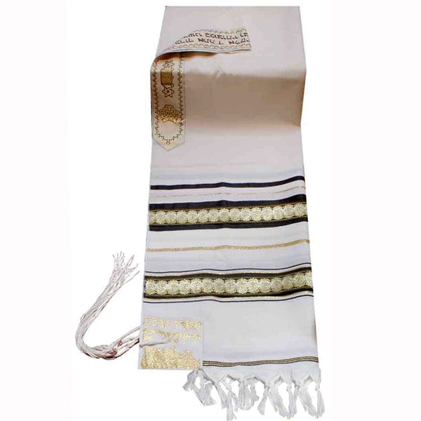 Wool Tallit with Gold Lurex Stripes And Decorative Ribbon Style # 2