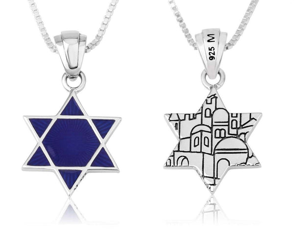 925 Sterling silver Star of David Pendant with Blue Enamel made in the Holy Land Jewish Jewelry 