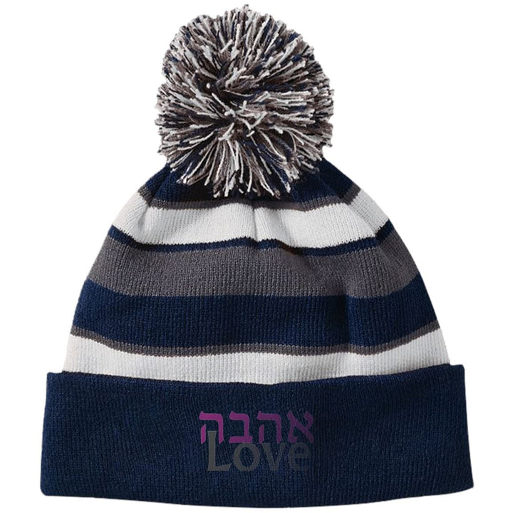 Ahavah Love Embroidered אהבה Striped Beanie Hat with Pom Apparel 223835 Holloway Striped Beanie with Pom Navy/White One Size