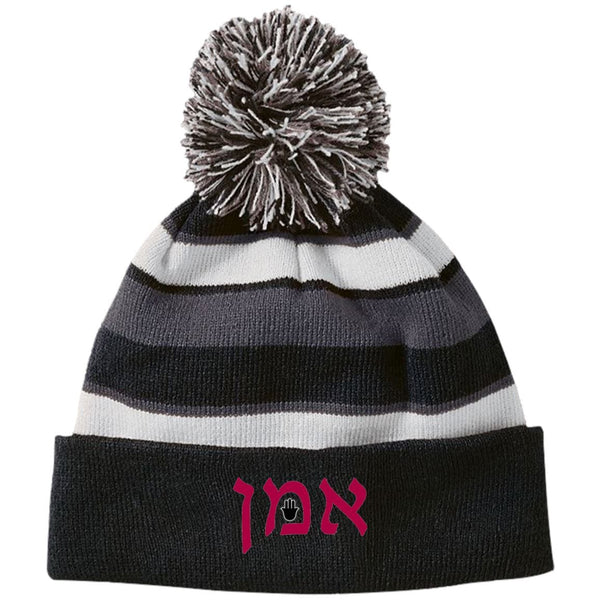 Amen Hebrew Embroidered Knit Fashion Striped Beanie Hat & Pom Hats Black/White One Size 