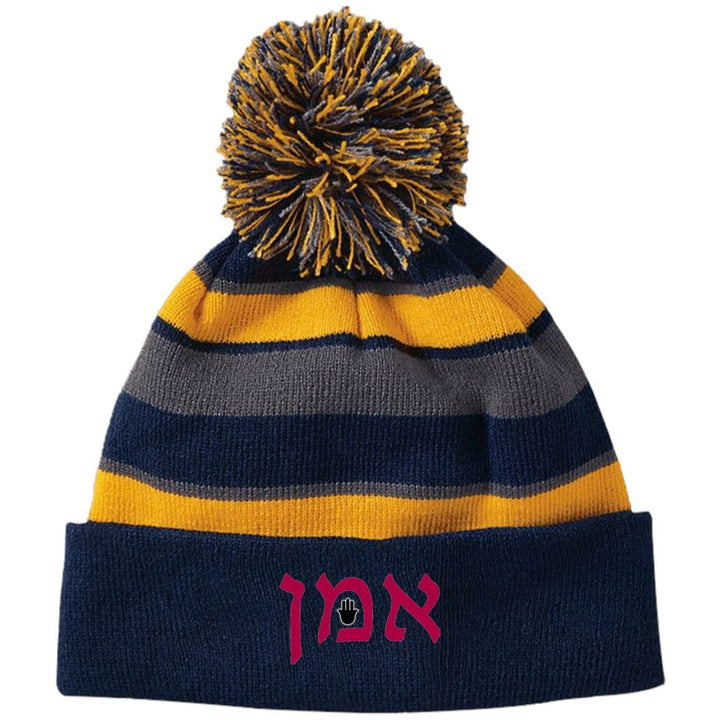Amen Hebrew Embroidered Knit Fashion Striped Beanie Hat & Pom Hats Navy/Light Gold One Size 
