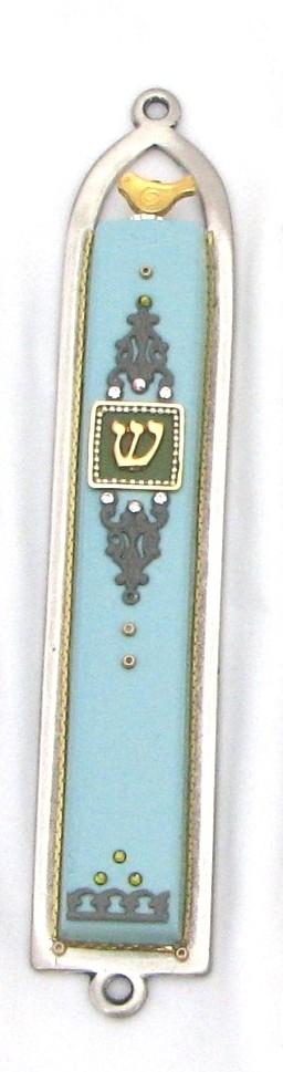 Basic Beige Oriental Mezuzah Case Light Blue 