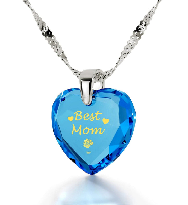"Best Mom", 925 Sterling Silver Necklace, Zirconia Necklace Turquoise Blue-Topaz 