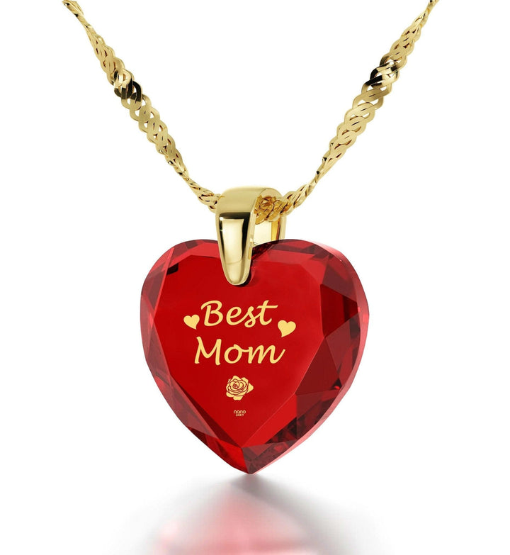 "Best Mom", Sterling Silver Gold Plated (Vermeil) Necklace, Zirconia Necklace Red Garnet 