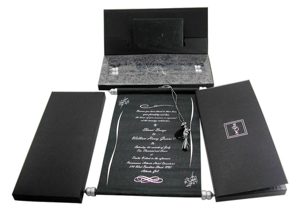 custom made and custom printed scroll invitations with boxes and