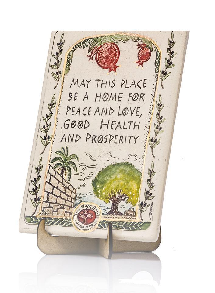 Clay Art May This Place Blessing Good Health Prosperity Handmade Ceramic Plaque Plaque 12*17cm 24k Gold Ornaments 