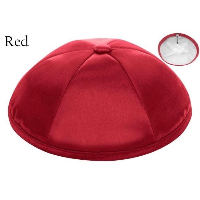Deluxe Satin Kippahs Embroidered Logos Red Black 