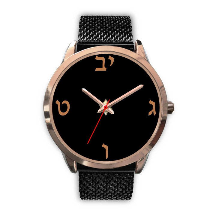 Elegant Hebrew Dial Wrist Watch Rose Gold Watch Mens 40mm Black Metal Mesh 