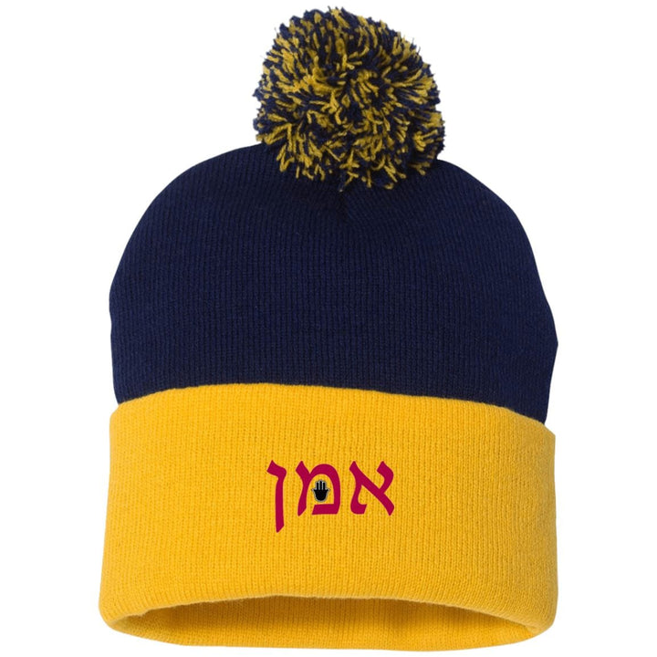 Embroidered Hebrew Pom Pom Knit Cap Hat Hats Gold/Navy One Size 