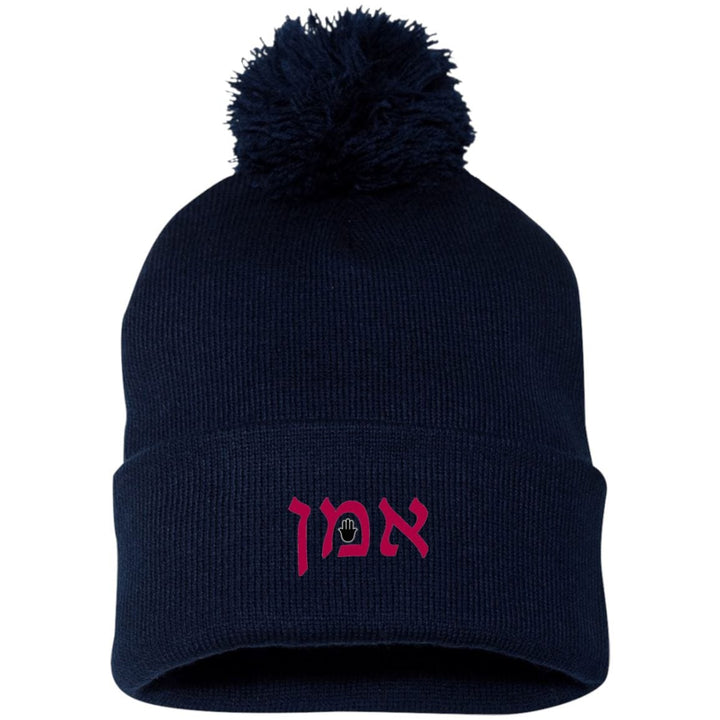 Embroidered Hebrew Pom Pom Knit Cap Hat Hats Navy One Size 