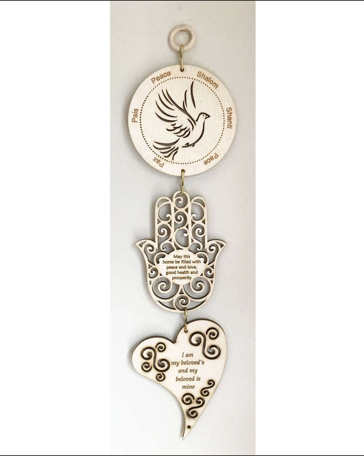 Hamsa Home Blessing, Heart with "I am my Beloved's" and Dove - Triple Wall & Window Hanging Wall & Window Hangings Hamsa Home Blessing, Heart Beloved, Dove 