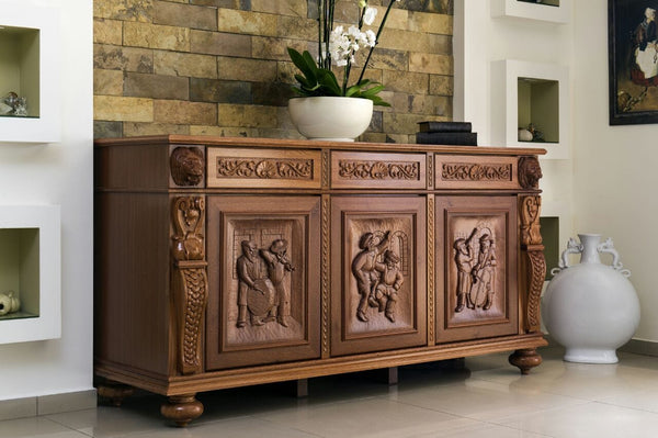 Hand Carved Jewish Motif Cabinet Dresser & Table 