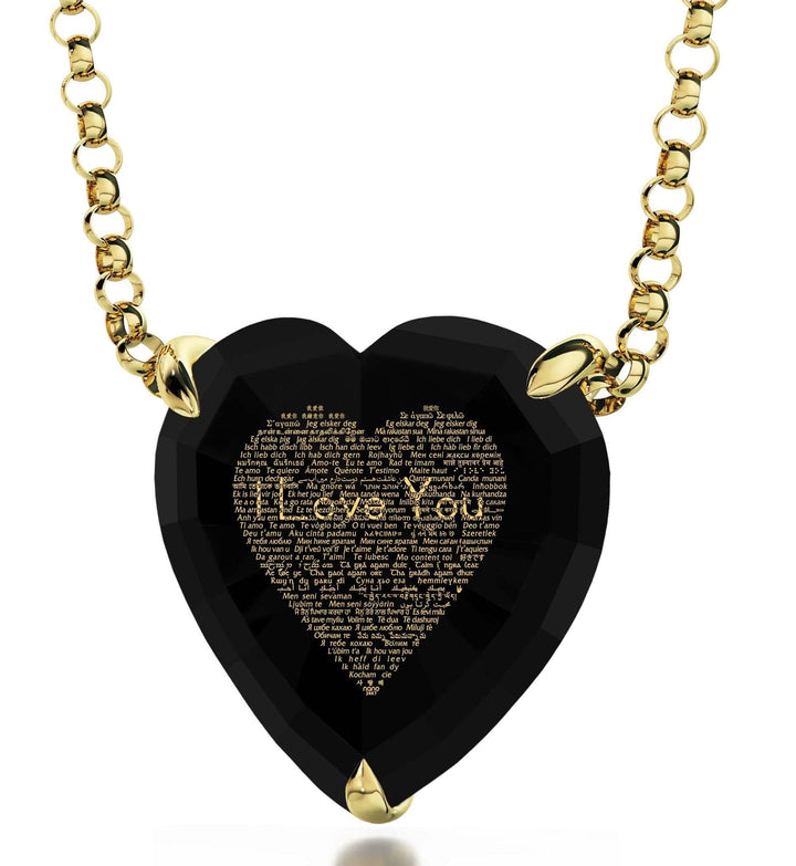 "I Love You" in 120 Languages, 14k Gold Necklace, Zirconia Necklace Black Jet 