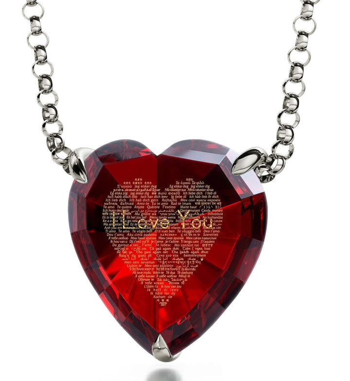 "I Love You" in 120 Languages, 14k White Gold Necklace, Zirconia Necklace Red Garnet 