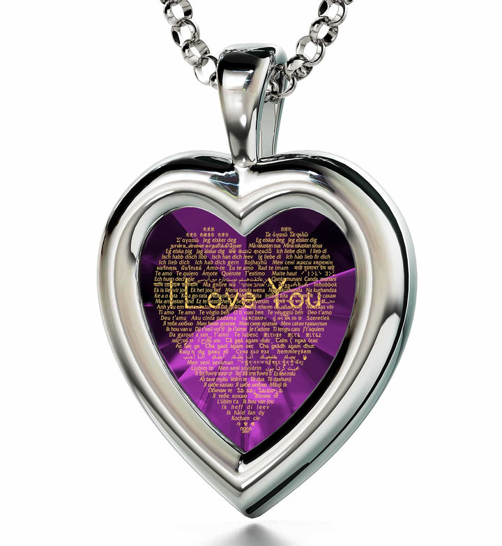 "I Love You" in 120 Languages, 925 Sterling Silver Gift, Zirconia Necklace Purple Amethyst 
