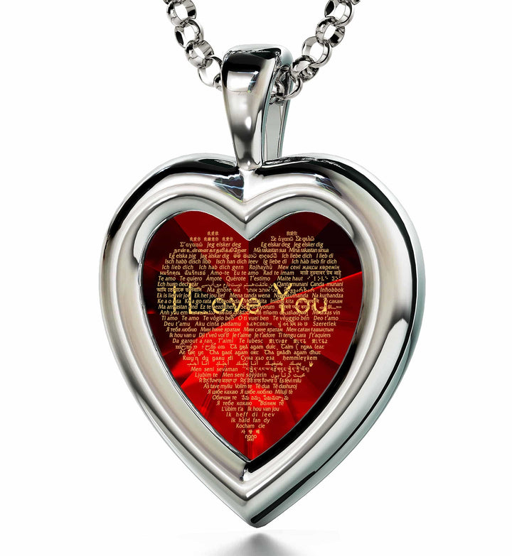 "I Love You" in 120 Languages, 925 Sterling Silver Gift, Zirconia Necklace Red Garnet 