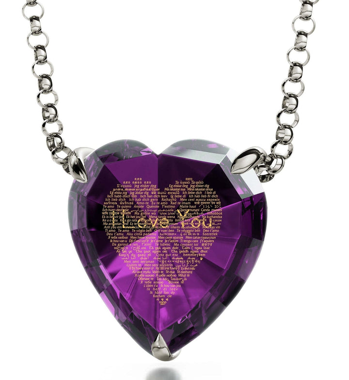"I Love You" in 120 Languages, 925 Sterling Silver Necklace, Zirconia Necklace Purple Amethyst 