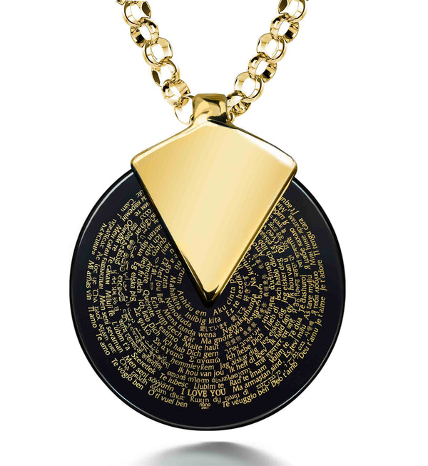 "I Love You" in 120 Languages, Silver Gold Plated Necklace, Onyx Necklace Black Onyx 