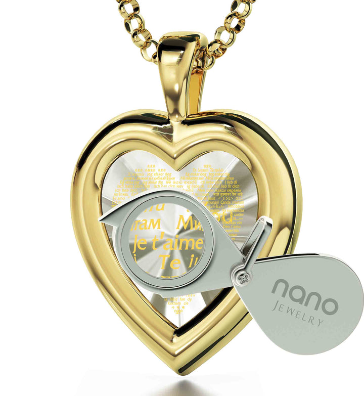 "I Love You" in 120 Languages, Sterling Silver Gold Plated (Vermeil) Necklace, Zirconia Necklace 