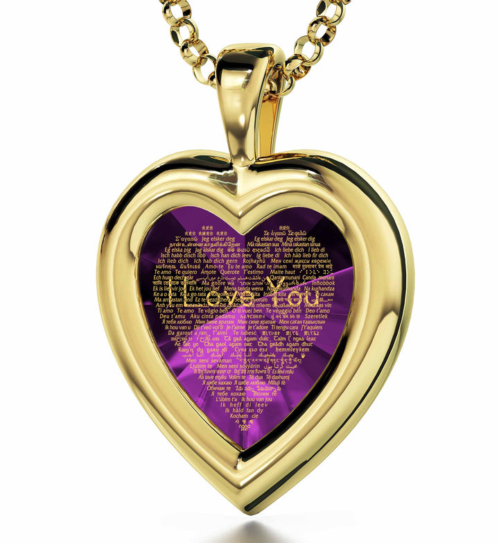 "I Love You" in 120 Languages, Sterling Silver Gold Plated (Vermeil) Necklace, Zirconia Necklace Purple Amethyst 