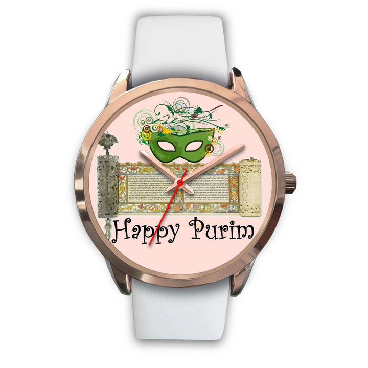 Jewish Purim Gift Watch Rose Gold Purim Timepiece Rose Gold Watch Mens 40mm White Leather 
