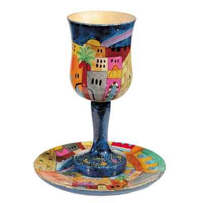 Kiddush Cup + Plate - Hand Painted on Wood - Jerusalem 