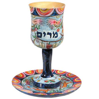 Kiddush Cup + Plate - Hand Painted on Wood - Miriam`s Cup 
