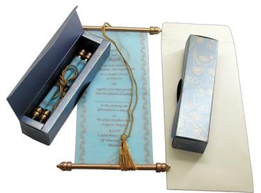 Laced, Bowed & Boxed Scroll Invitations 3.75 x 8.5" Colors Sky Blue 