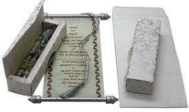 Laced, Bowed & Boxed Scroll Invitations 3.75 x 8.5" Colors White / Cream Translucent 