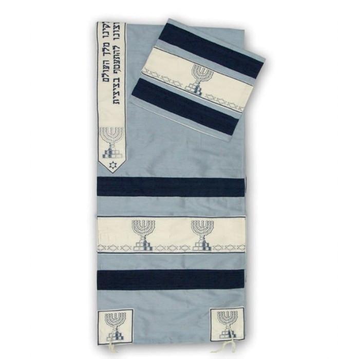 Menorah Jewish Symbolic Silk Tallit Sets Slate Blue 