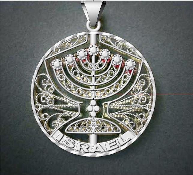 Menorah Pendant Jewish Jewelry Gold, Rubies, Topaz, Spinning 
