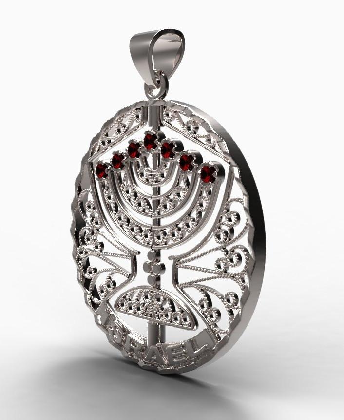 Menorah Pendant Jewish Jewelry Gold, Rubies, Topaz, Spinning Silver with Chain 