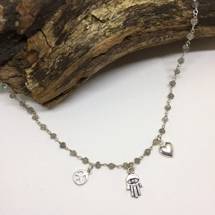 Peace, Love & Hamsa Labradorite Wrap Bracelet & Necklace Wrap Necklace/Bracelet 