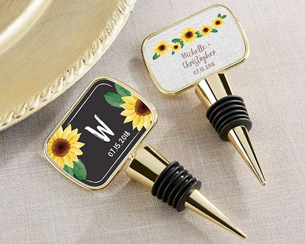 Personalized Gold Bottle Stopper with Epoxy Dome - Baby Shower Personalized Gold Bottle Stopper - Sunflower 