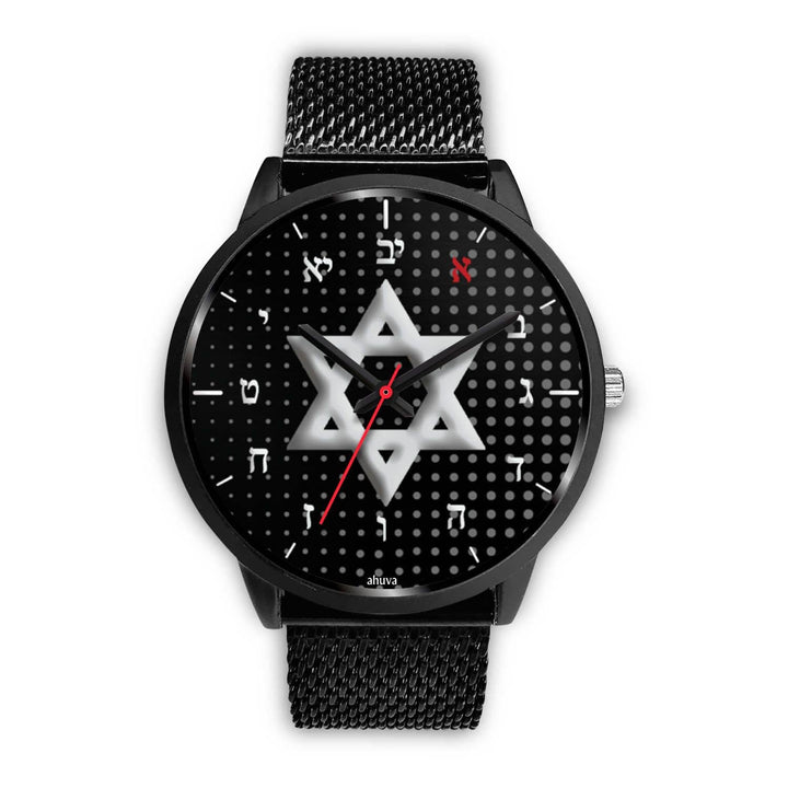 Star Of David Carbon Fiber Hebrew Watch Black Watch Mens 40mm Black Metal Mesh 