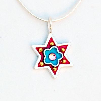 Star of David Necklace Israel Symbols Red & Blue 