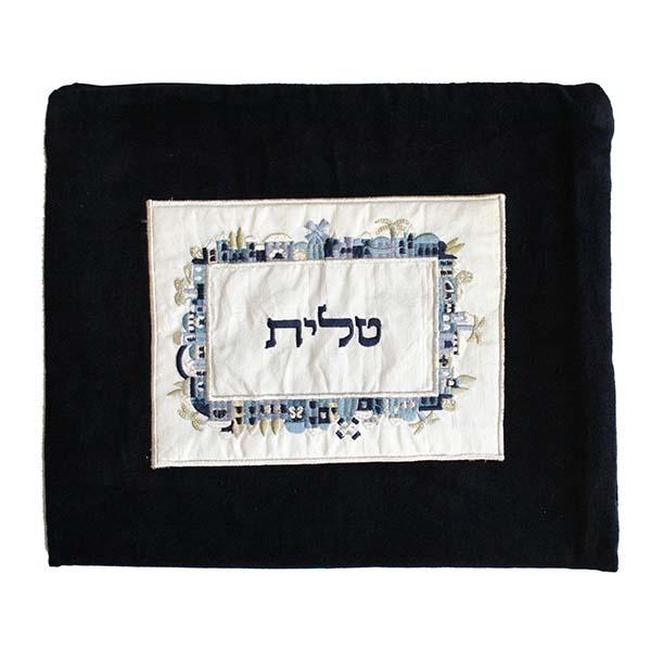Tallit Bag - Velvet + Embroiderey - Jerusalem - Blue 
