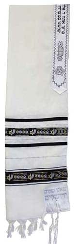 Wool Tallit Black Silver Decorative Ribbon with Stars of David and Menorah Motifs