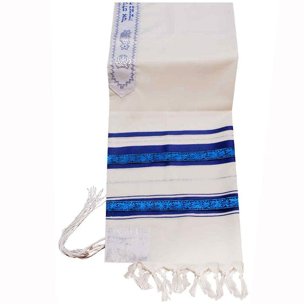 Wool Tallit with Blue Gold Decorative Ribbon Style # BLG
