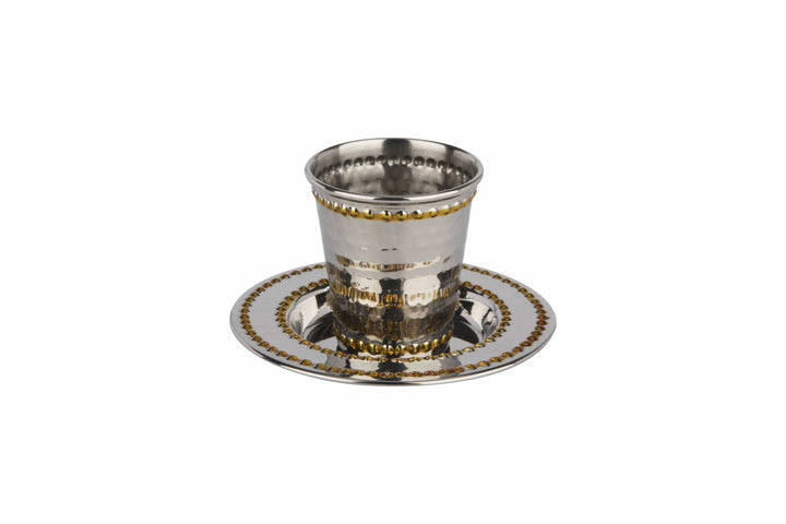 SMALL Stainless Steel Kiddush Cup Set Hammered Gold Beaded 2.5"-0