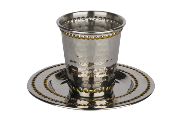 Stainless Steel Kiddush Cup Set Hammered Gold Beaded 3"-0