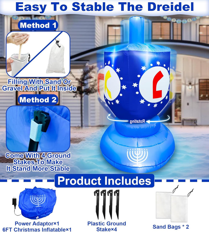 [ Spinning Top Dreidel ] 6Ft Lighted Hanukkah Inflatable Dreidel with Built-in 4 LED Lights,Chanukah Yard Decor for Outdoor Lawn Garden Home Indoor Holiday Party