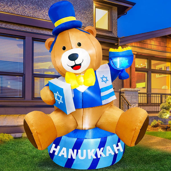 6 FT Hanukkah Inflatable Gentleman Bear Holding Menorah and Bible Outdoor Decorations, Build in LEDs & Tethers Stakes Giant Teddy Bear Blow Up Yard Decoration for Holiday Party Indoor Patio Lawn