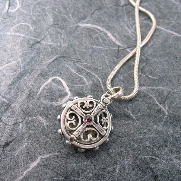 Medieval Scroll Work 2-sided Locket Sterling Silver Garnet