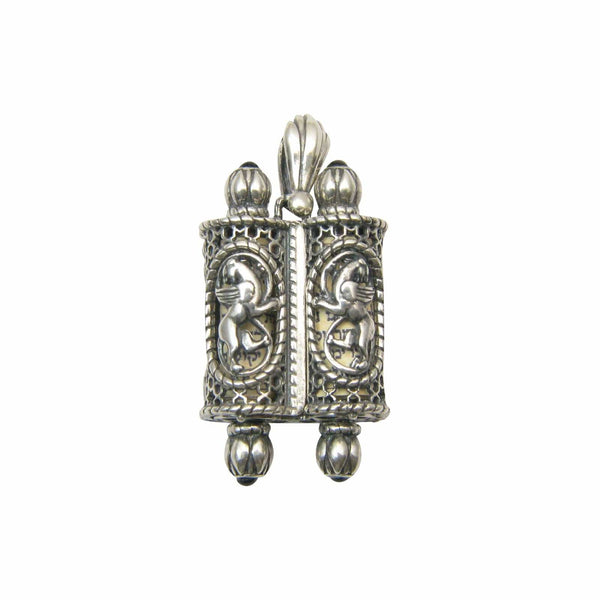Men's Silver Torah Scroll Pendant with Lion of Judah and Garnet Shema