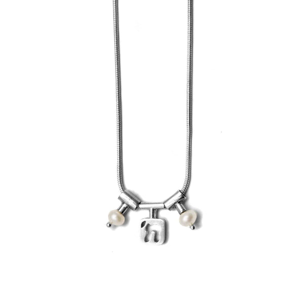 Delicate Cut-out Chai Pendant Necklace Silver Pearls Snake Chain 1mm