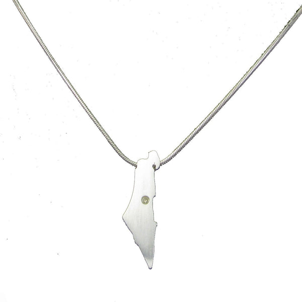 Small Land of Israel Pendant Necklace Silver 1pt Diamond on Jerusalem Snake Chain 1mm