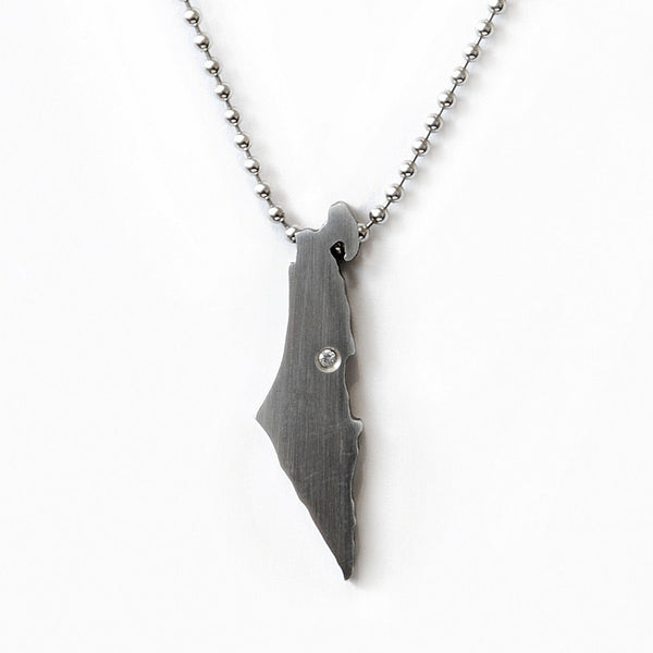 Large Land of Israel Pendant Necklace Silver 1pt Diamond on Jerusalem