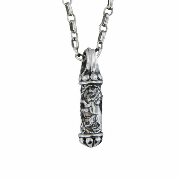 Lion Of Judah Mezuzah Pendant Necklace Silver Rolo Chain Shema scroll on Antique Rolo Chain