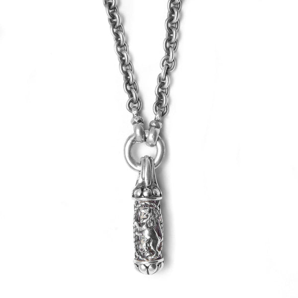 Lion Of Judah Mezuzah Pendant Necklace Silver Shema scroll on Antique Rolo Chain